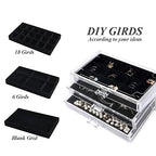 YUFONG Earring Organizer Box Acrylic Jewelry Organizer with 3 Drawers 54 Adjustable Grids Clear Stackable Earring Holder Velvet Trays Ring Display Case for Women Girls (Black) - color: Black