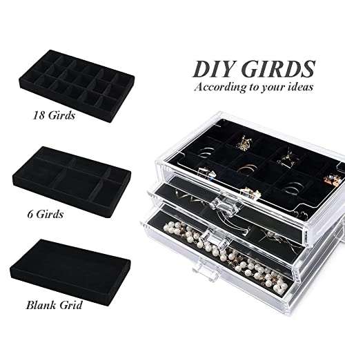 YUFONG Earring Organizer Box Acrylic Jewelry Organizer with 3 Drawers 54 Adjustable Grids Clear Stackable Earring Holder Velvet Trays Ring Display Case for Women Girls (Black) - color: Black