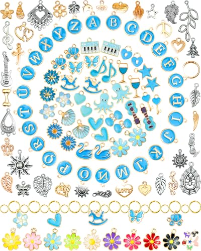 FIVEIZERO 216PCS Bracelet Charms for Jewelry Making – Assorted Gold & Silver Metal Enamel Pendants with Jump Rings for Necklaces, Earrings, & DIY Jewelry Crafts(Blue) - color: Blue