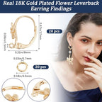 Beebeecraft 20Pcs Flower Leverback Earring Findings 18K Gold Plated Brass 17x8mm French Earring Hooks Flower Pattern Ear Wire Findings with 40Pcs Jump Ring for Jewellery Making - color: 20pcs 18k Gold Plated #4