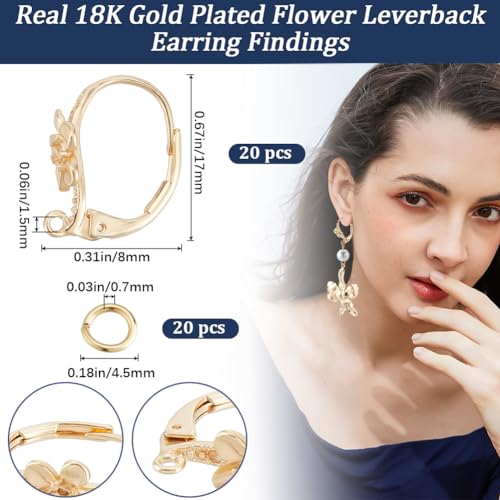 Beebeecraft 20Pcs Flower Leverback Earring Findings 18K Gold Plated Brass 17x8mm French Earring Hooks Flower Pattern Ear Wire Findings with 40Pcs Jump Ring for Jewellery Making - color: 20pcs 18k Gold Plated #4