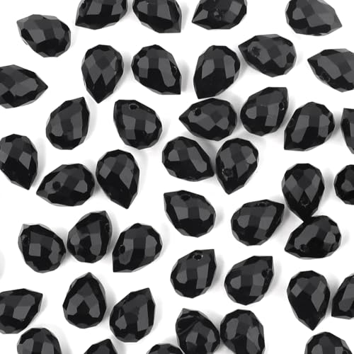 100pcs Black Faceted Crystal Glass Beads 8x10mm, Shiny Teardrop Glass Beads for Jewelry Making, Crystal Beads for Bracelet Necklace Earring DIY Craft - color: Black
