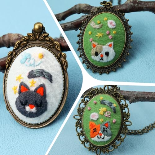 SUNNYCLUE DIY 3 Sets Embroidery Pendant Kit Embroidery Necklace Kits with Instructions Thread Needle Hoops Chains Cute Cat Themed Stitch Kit for Sweater Necklace Crafts Jewelry Making Beginner Starter - style: Cat