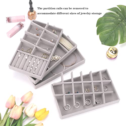 Velvet Drawer Jewelry Organizer Tray, Small Flat Jewelry Organizer for Drawer, Dresser Stacking Display Inserts for Jewelry Accessories in Dresser, Grey Set of 4