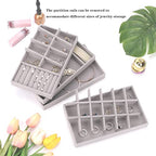 Velvet Drawer Jewelry Organizer Tray, Small Flat Jewelry Organizer for Drawer, Dresser Stacking Display Inserts for Jewelry Accessories in Dresser, Grey Set of 4