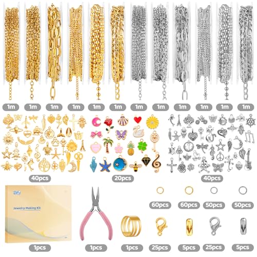Zefy 18K Gold Silver Chain for Jewelry Making Kit, 39.6ft 12 Rolls Stainless Steel Chains Bulk with 380 Pcs Charms, Jump Rings Lobster Clasps Set for DIY Bracelet Necklace Crafts - size: Large