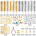 Zefy 18K Gold Silver Chain for Jewelry Making Kit, 39.6ft 12 Rolls Stainless Steel Chains Bulk with 380 Pcs Charms, Jump Rings Lobster Clasps Set for DIY Bracelet Necklace Crafts - size: Large