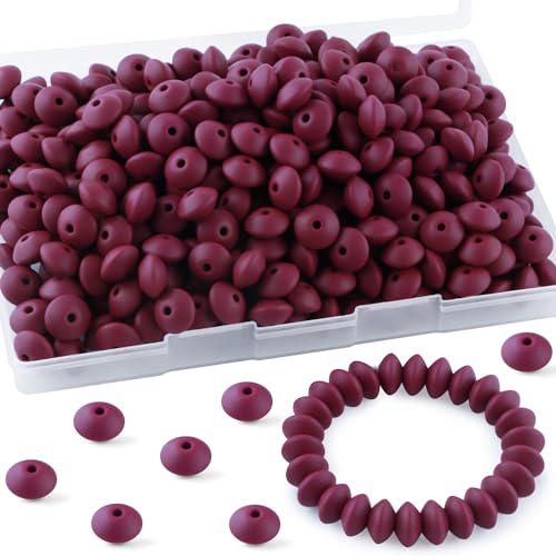 Sunrony 200Pcs Silicone Lentil Beads for Keychain Making, Bulk 12mm Silicone Abacus Spacer Beads for Necklace Bracelet Making Pens(Wine Red) - color: G-Wine red