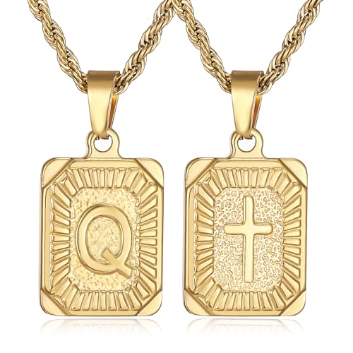 SKQIR initial Letter Necklaces for Men,Stainless Steel Plated A Z Square Pandent Letter Necklace for Women,Cross Necklace with Letter Chain Pendant for Boys Stocking Stuffers Christmas New Year Gifts for Men Women - color: Gold, style: Cross Q