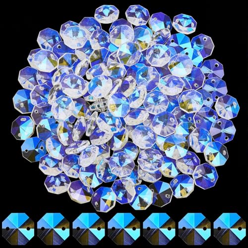1 Box 120Pcs 14mm Glass Octagon Crystal Beads Crystal Suncatcher Beads with 2 Hole Clear AB Suncatcher Supplies Chandelier Replacement Connector Spacers for DIY Lamp Hanging Pendant Jewelry - color: Clear Ab
