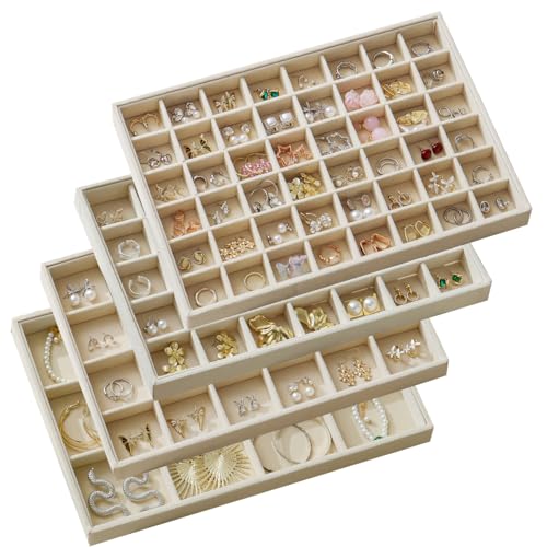 Large Jewelry Drawer Organizer Trays Set of 4, Stackable Velvet Jewelry Trays Organizer Holder Display Storage Showcase for Earring Necklace Bracelet Ring Accessary (Beige, 12+24+35+48 Grids) - color: Beige, size: 12+24+35+48 Grids
