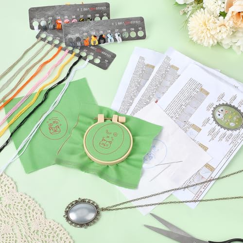 SUNNYCLUE DIY 3 Sets Embroidery Pendant Kit Embroidery Necklace Kits with Instructions Thread Needle Hoops Chains Cute Cat Themed Stitch Kit for Sweater Necklace Crafts Jewelry Making Beginner Starter - style: Cat
