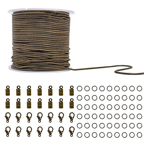 CREATZONE 33 Feet Antique Bronze Snake Chain 1.2mm Retro Style Necklace Chain Round Snake Brass Chain with Lobster Clasps, Jump Rings, Cord Ends for DIY Jewelry Bracelet Necklace Making - color: Antique Bronze
