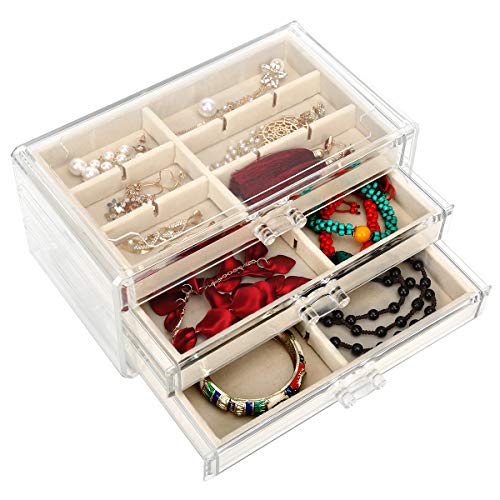 FEISCON Acrylic Jewelry Organizer Makeup Cosmetic Storage Organizer box Clear Jewelry Case with 3 Drawers Adjustable Jewelry Box Velvet Trays grid size - size: 3 layer