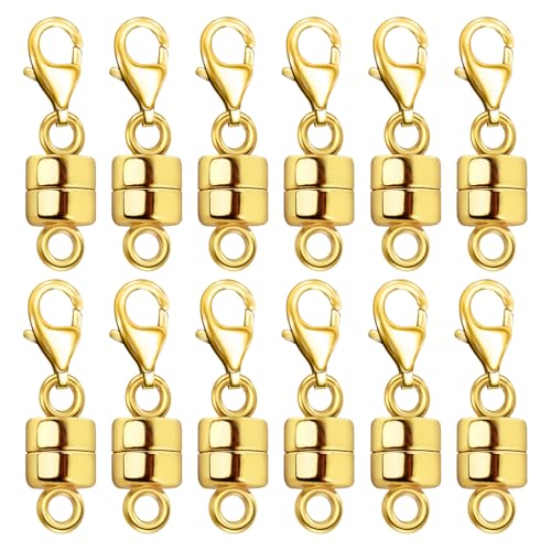 Magnetic Necklace Clasp with Lobster Clasp 18K Gold and Silver Magnetic Jewelry Clasps for Necklaces Extender Bracelet Clasps and Closures - color: 12Pcs Gold