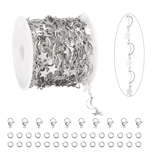 KYUNHOO 13 Feet Stainless Steel Chain for Jewelry Making Silver Moon Star Links Chain Roll with Lobster Clasps and Jump Rings - color: Star Silver