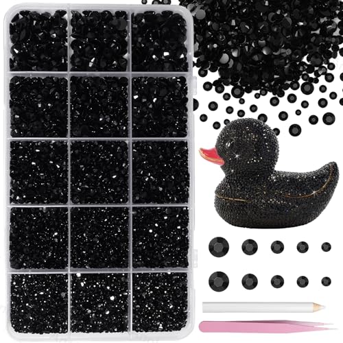 16000 Pcs Black Resin Rhinestones for Crafting, Flatback Black Gems Jelly Rhinestones, Mixed Sizes Bedazzling Crystal with Pickup Tool for DIY Crafts Clothing Tumblers Mugs Shoes Fabric Nail Art - color: Set-11