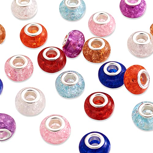 Beadthoven 100pcs Crystal Crackle European Large Hole Beads Resin Rondelle Slide Charm Spacers with Silver Tone Metal Core for DIY Snake Chain European Bracelets Jewelry Making Mixed Color - color: Crackle Mixed Color