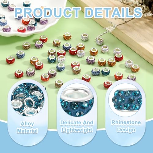uxcell 50Pcs European Large Hole Beads, Rhinestone Craft Bead Crystal Charm Spacer Beads for Pens Bracelet Making Necklace DIY Craft, Blue - color: Blue