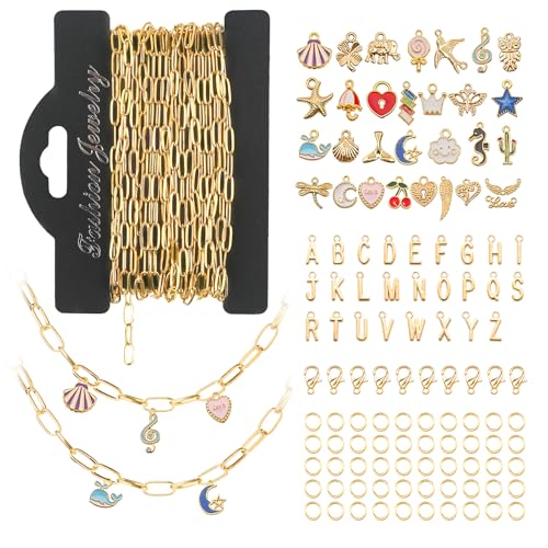18K Gold Chain for Jewelry Making – Stainless Steel Paperclip Chain, 16.6 Feet DIY Bracelet Necklace Kit with 100 Jump Rings, 50 Clasps, 26 Letter Pendants & 30 Colorful Charms - color: 18K Gold Stainless Steel Paperclip Chain 16.6 Feet