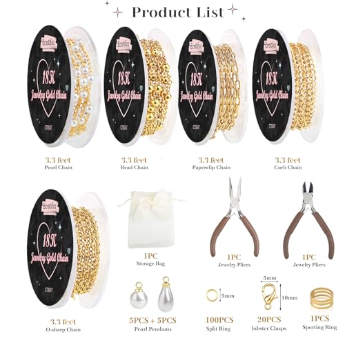 Ecoofor 18K Gold Jewelry Making Kit with Gift Box - 16.6ft 5 Rolls DIY Bracelet & Necklace Chains with 136 Pendants, Jump Rings, Lobster Clasps, Jewelry Pliers & Charm Making Kit, Christmas Gift - color: Jewelry Making Kit with Gift Box