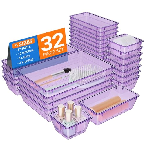 StorMiracle 32 PCS Clear Plastic Drawer Organizer Set, 4-Size vanity organizer Trays and Storage Bins for Makeup, Jewelry and Gadgets in Bedroom, Bathroom and Office, Clear Purple - color: Pueple