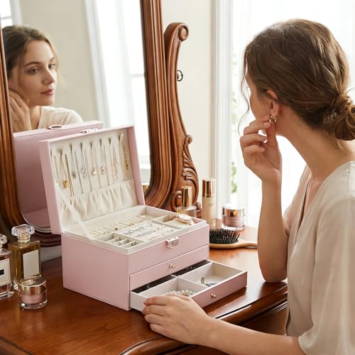 3 Layer Jewelry Box with Lock, Women Large Jewelry Holder Organizer with Drawer for Necklaces, Rings, Bracelets, Earrings, Watches, Valentines Gift for Mom Girl Wife,(Pink) - color: Pink