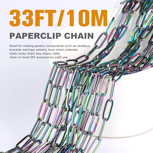 [16.5 Ft] Stainless Steel Paperclip Chains Roll, 4.3mm Width Rainbow Plated Stainless Steel Oval Link Chains Spool Bulk for Jewelry Making - color: colorful(4.3mm)