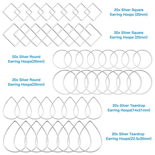 Ximalun 120Pcs Earring Hoops for Jewelry Making,Earring Finding Hypoallergenic Earrings Beading Hoop Bulk Open Bezel Pendant Frame Teardrop Square Round Circle Earrings Making Supplies for DIY Crafts - color: Silver