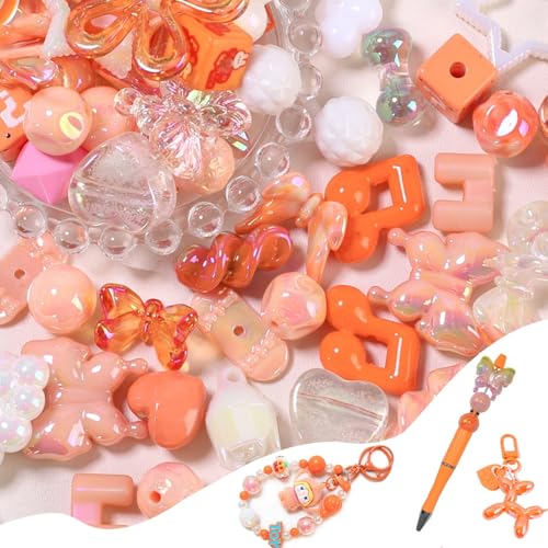 45-60PCS Large Acrylic Orange Shiny Assorted Beads for Bracelet Making UV Plating Focal Beads for Pens Round Flower Bow Bear Heart Cube Cute Spacer Bead Bulk for DIY Jewelry Keychain Phone Charm - color: Orange
