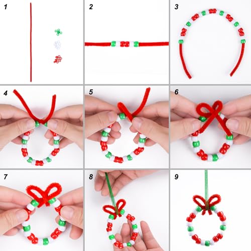 Livder Christmas Beaded Ornament Kit, Include 1000 Pieces Red Green White Plastic Beads, 60 Pieces Chenille Stems, 64 Feet Ribbon for Xmas Wreath Tree Decorations DIY Crafts Jewelry Making (Pack of 2) - size: Small (Pack of 2)