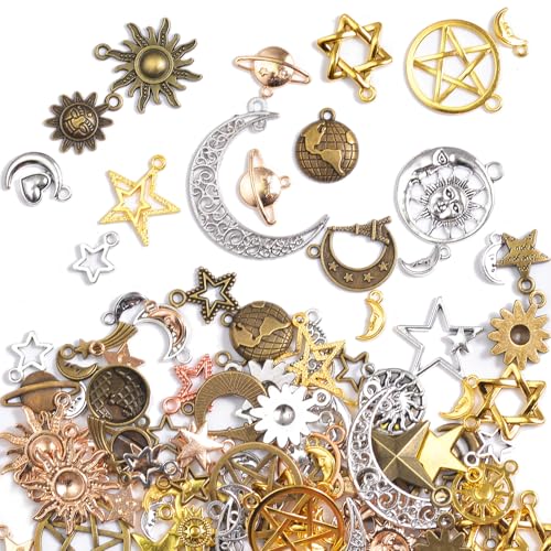 stino 100 Gram Metal Charms for Jewelry Making, Silver & Gold Plated, Bulk Pack for Bracelets, Necklaces, Crafts - color: Celestial Mixed Color