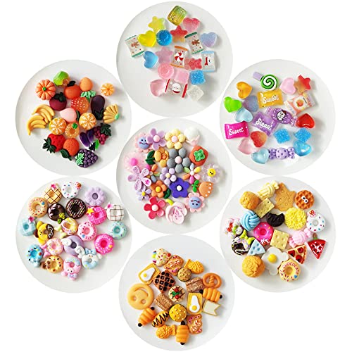 140 pcs Assorted Slime Charms, BOSOIRSOU Cute Candy Sweet Fruits Donut Charms Ornaments Flatback Resin Cabochons for Craft Making Ornament Scrapbooking DIY Crafts Beads Making Supplies - color: 140pcs
