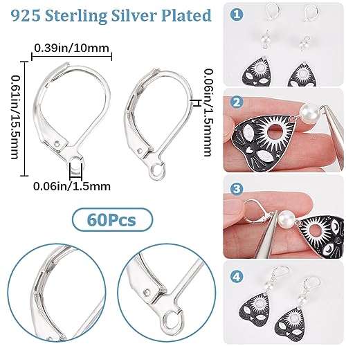 SUNNYCLUE 60Pcs 925 Sterling Silver Plated French Earring Hooks with Lever Backs for DIY Dangle Earrings - color: 1 Box 60pcs 925 Sterling Silver Plated Leverbacks