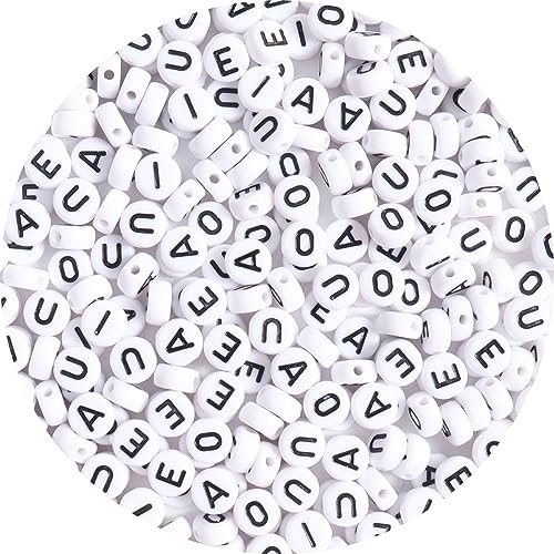 500Pcs Letter Beads 4x7mm White Round Acrylic Alphabet Beads Letter A E I O U Beads for Jewelry Making DIY Bracelets Necklaces Key Chains - color: A E I O U 500Pcs