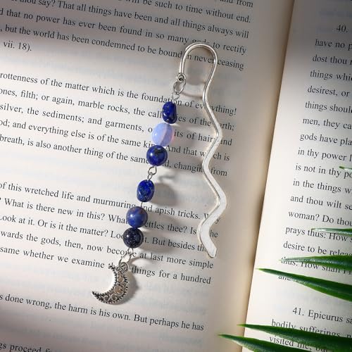 Vintage Metal Moon Bookmark Pendant with Natural Crystal Bead Chain–Elegant Bookmarks for Women,Men,Book Lovers,Teachers and Students(Sodalite) - style: Moon