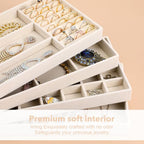 Jewelry Drawer Organizer Tray Set of 4 Stackable Velvet Jewelry Trays Drawer Inserts Organizer Case Set for Women Jewlery Storage Display Tray for Earrings, Rings, Necklaces, Bracelets, Watch (Beige)