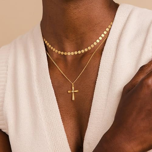 Dremmy Studios Dainty Gold Choker Necklace for Women 14K Gold Plated Coin Disc Figaro Layered Beaded Flat Mariner Sideways Cross Wishbone Link Clavicle Necklaces - style: Coin