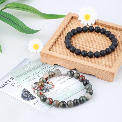 NCB 2.3-Piece 4mm Natural Crystal Gemstone Stretch Bracelets – Handmade Reiki Energy Healing Jewelry for Meditation,Yoga, Unisex - color: 2PCS ( African Bloodstone+Matte Black Agate ), size: 8mm