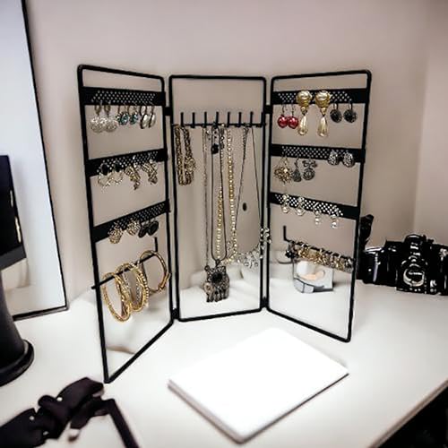 Jewelry Holder, Jewelry Organizer, folding 3 piece Jewelry Display Stand with Metal Frame, Necklace Earring Bracelet Holder, for Studs, Rings, Gift Idea, Gold, Silver, Black Color (BLACK) - color: BLACK