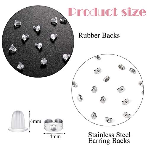 Hicarer 200 Pieces Stud Earring Kit, Including 50 Pieces 12 mm Stainless Steel Blank Stud 50 Rubber Back, 50 Pieces 12 mm Clear Glass Cabochons 50 Stainless Steel Earring Back for DIY Making (Silver) - color: Silver