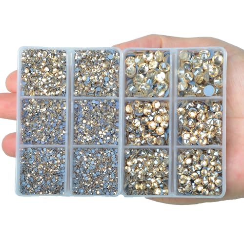 10000Pcs 2-Boxes Mixed Size Hot Fix Round Crystals Gems Glass Stones Hotfix Flat Back Rhinestones with Tweezers and Picking Pencil (Light Champagne) - color: Light Champagne, size: 2-Box (10000pcs)