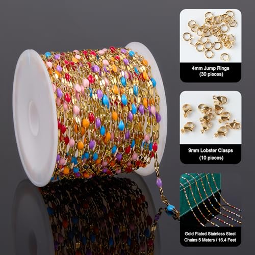 UMAOKANG 16.4 Feet Colorful Enamel Chains for Jewelry Making Gold Plated Stainless Steel Thin Chain Necklace Bracelet DIY Supplies - color: Gold-Purple Colorful