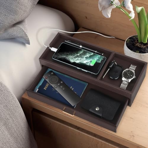 HofferRuffer Valet Jewelry Tray Organizer with Drawer, Faux Leather Storage Catchall Box Phone Charging Station Tray with Dresser Nightstand Desktop Drawer Organizer (Dark Brown) - color: Dark Brown