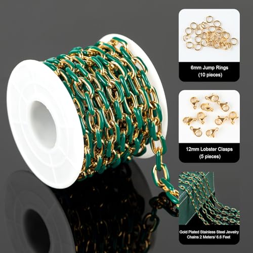UMAOKANG 6.6 Feet Gold Plated Stainless Steel Chain Green Enamel Paperclip Jewelry Chain Roll Oil Drip Decoration Craft Chains Bulk - color: Green