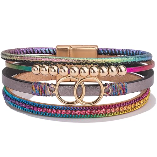 FANCY SHINY Mothers Day Gifts Boho Leather Wrap Bracelet Stackable Infinity Chunky Cuff Bracelets Western Hippie Outfits Jewelry Valentine Gifts for Women - color: Rainbow