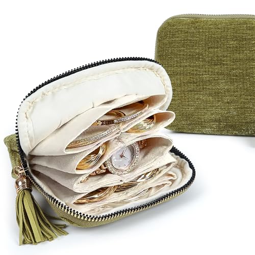 LOTOFUN Jewelry Organizer Case for Travel: 5-Layer Velvet Zipper Pouch Bag for Bangles Link Bracelets Storage Protect from Tangle Scratch (Avocado Green) - color: Avocado Green
