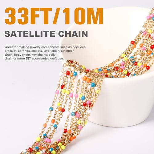 33 Feet Gold Enamel Chains Bulk, 2mm 18K Gold PVD Plated 304 Stainless Steel Colorful Enamel Beaded Cable Link Chain Roll Spool for Jewelry Making - color: Gold Colorful Beads