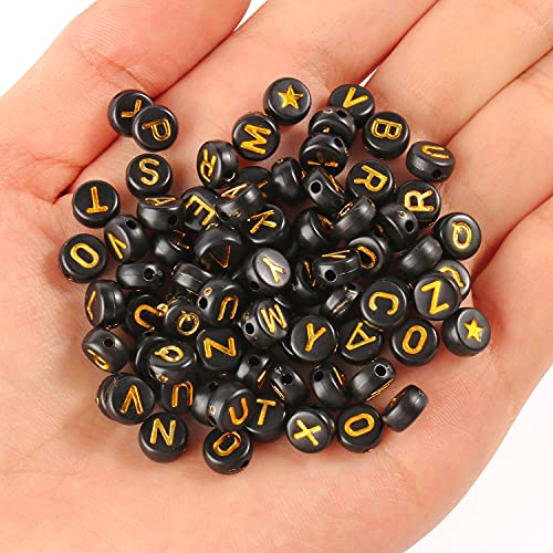 1400pcs Round Acrylic A-Z Alphabet Beads - Gold & Black Letter Beads for Bracelet Making, 28 Grid Box - color: Black, Gold