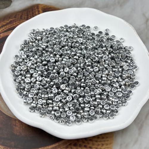 1000pcs Round Letter Beads 4x7mm Acrylic Alphabet Beads Spacer Beads for Jewelry Making Bracelets Necklace Earring Key Chains DIY Craft(N-Black Letter Antique Silver Bead) - color: N-Black Letter Antique Silver Bead